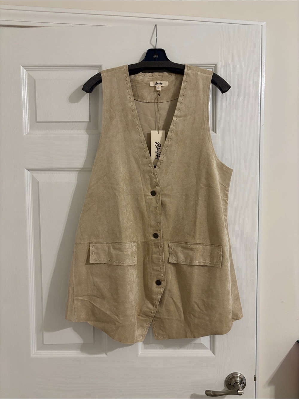 Beige Fuex Suede Button-Front Vest